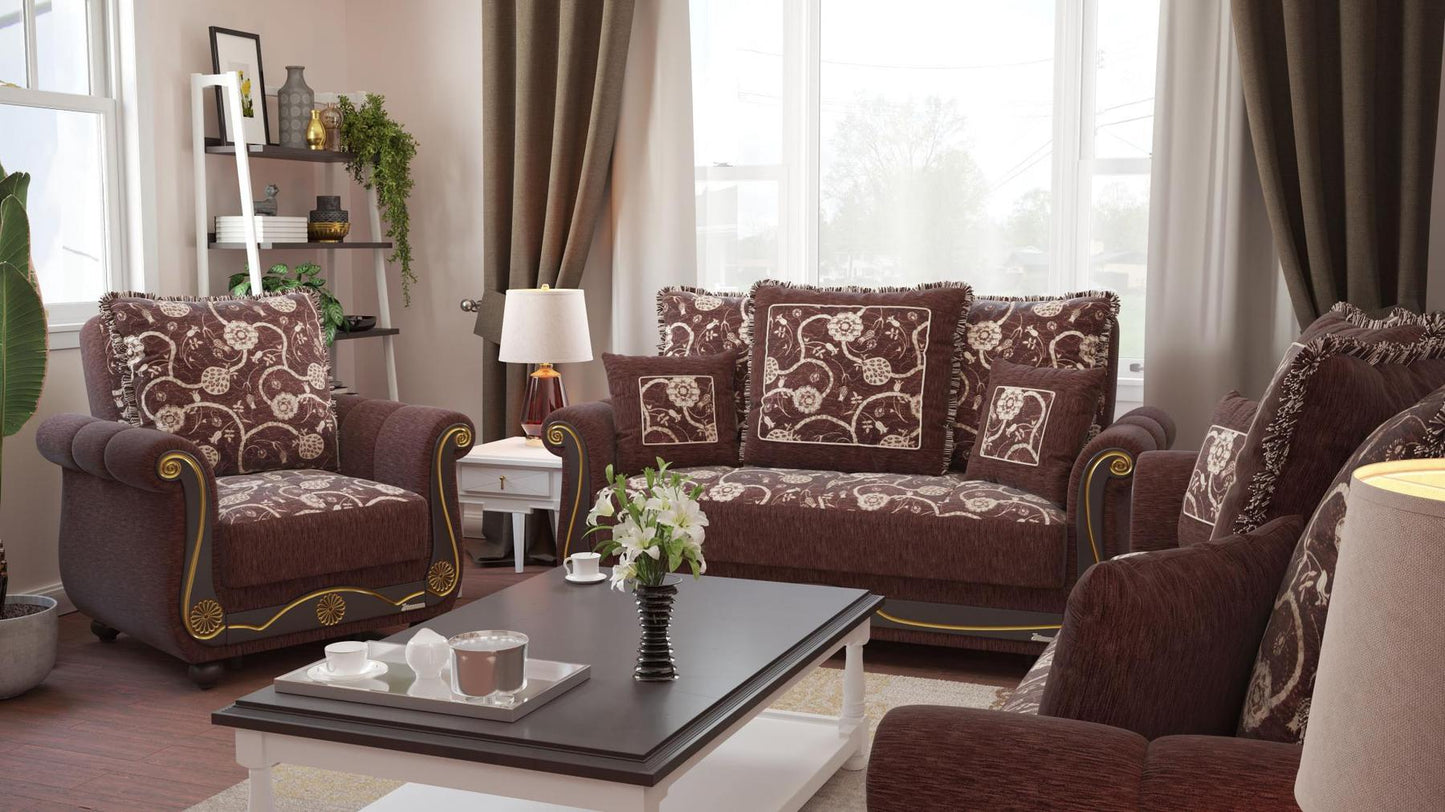 Lawson design, Royal Brown , Chenille upholstered convertible Armchair with underseat storage from Victoria by Ottomanson in living room lifestyle setting with another piece of furniture. This Armchair measures 41 inches width by 40 inches depth by 40 inches height.