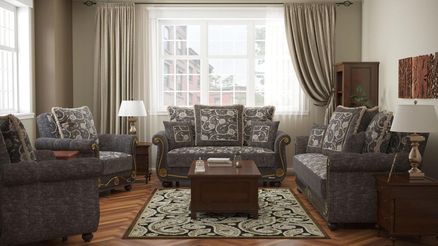 Lawson design, Silver , Chenille upholstered convertible Armchair with underseat storage from Victoria by Ottomanson in living room lifestyle setting with the matching furniture set. This Armchair measures 41 inches width by 40 inches depth by 40 inches height.