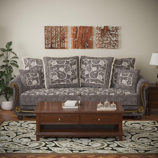 Lawson design, Silver , Chenille upholstered convertible sleeper Sofabed with underseat storage from Victoria by Ottomanson in living room lifestyle setting by itself. This Sofabed measures 95 inches width by 40 inches depth by 40 inches height.