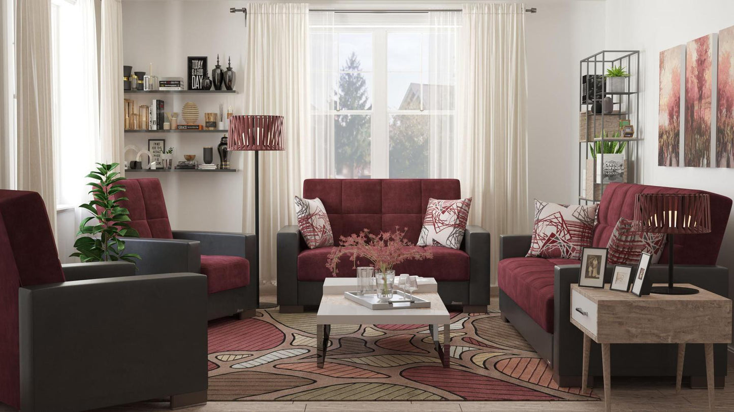 Modern design, Beaujolais, Black , Microfiber, Artificial Leather upholstered convertible Armchair with underseat storage from Voyage Track by Ottomanson in living room lifestyle setting with the matching furniture set. This Armchair measures 38 inches width by 36 inches depth by 41 inches height.