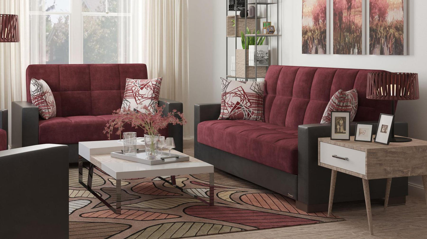Modern design, Beaujolais, Black , Microfiber, Artificial Leather upholstered convertible sleeper Loveseat with underseat storage from Voyage Track by Ottomanson in living room lifestyle setting with another piece of furniture. This Loveseat measures 67 inches width by 36 inches depth by 41 inches height.