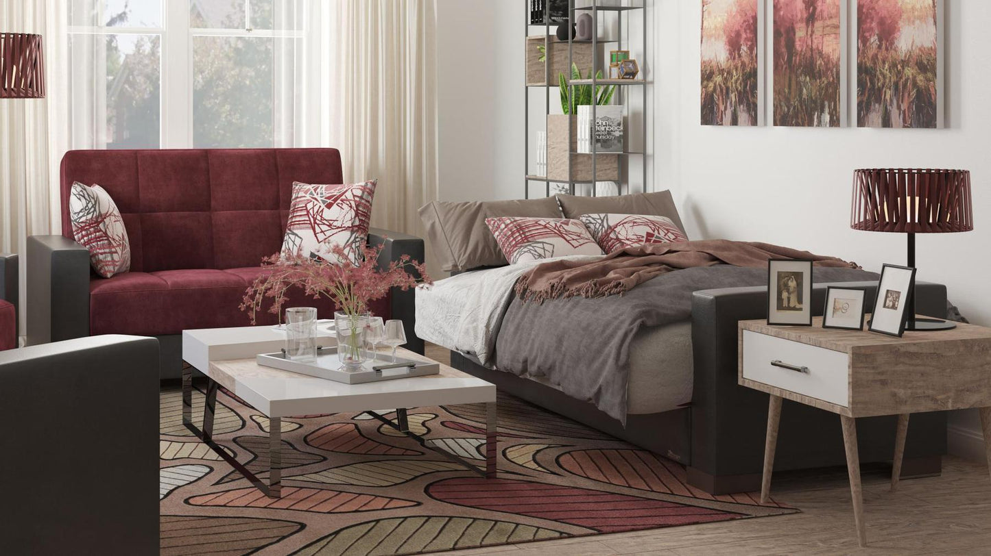 Modern design, Beaujolais, Black , Microfiber, Artificial Leather upholstered convertible sleeper Loveseat with underseat storage from Voyage Track by Ottomanson in living room lifestyle setting converted to sleeper. This Loveseat measures 67 inches width by 36 inches depth by 41 inches height.