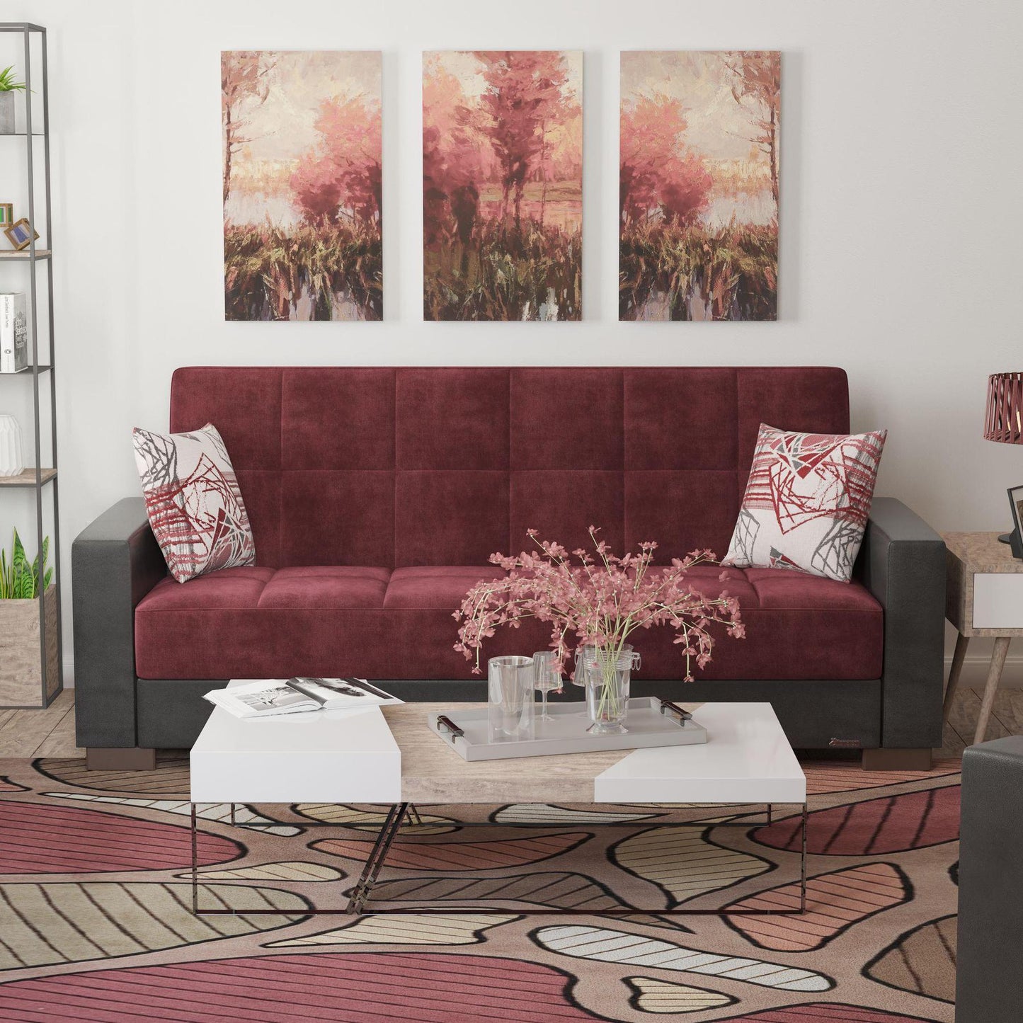 Modern design, Beaujolais, Black , Microfiber, Artificial Leather upholstered convertible sleeper Sofabed with underseat storage from Voyage Track by Ottomanson in living room lifestyle setting by itself. This Sofabed measures 90 inches width by 36 inches depth by 41 inches height.