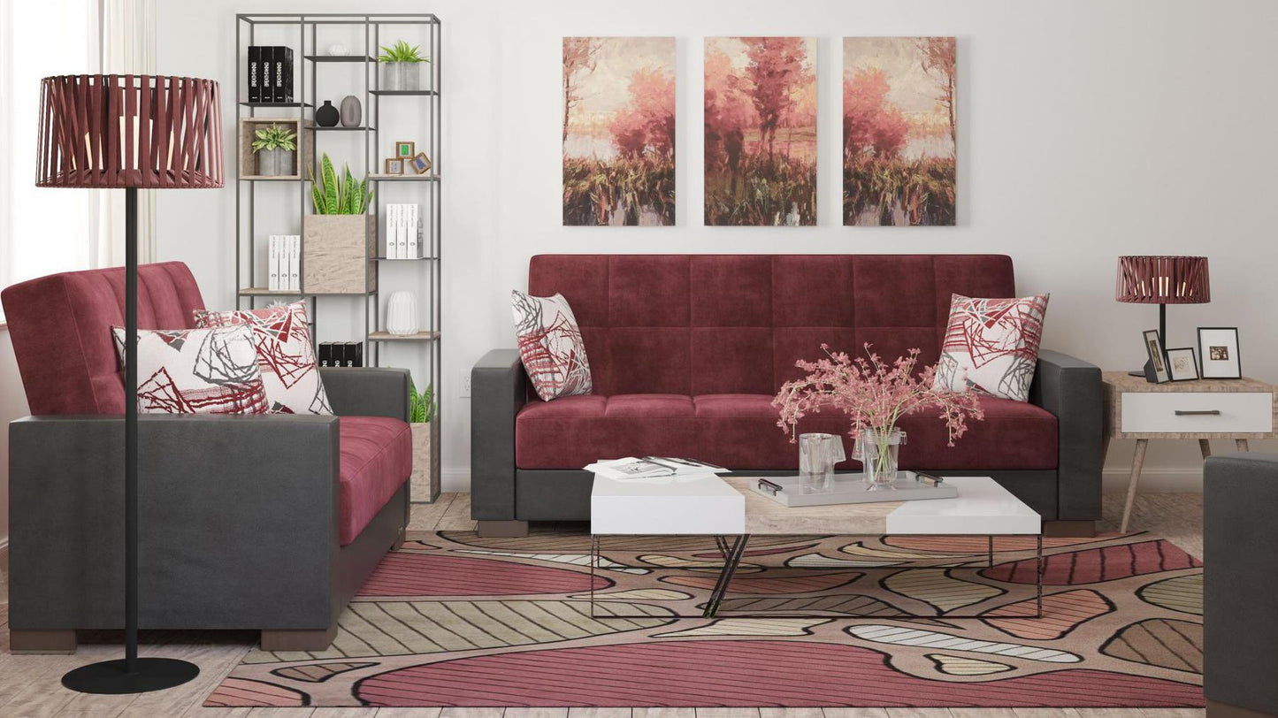 Modern design, Beaujolais, Black , Microfiber, Artificial Leather upholstered convertible sleeper Sofabed with underseat storage from Voyage Track by Ottomanson in living room lifestyle setting with another piece of furniture. This Sofabed measures 90 inches width by 36 inches depth by 41 inches height.