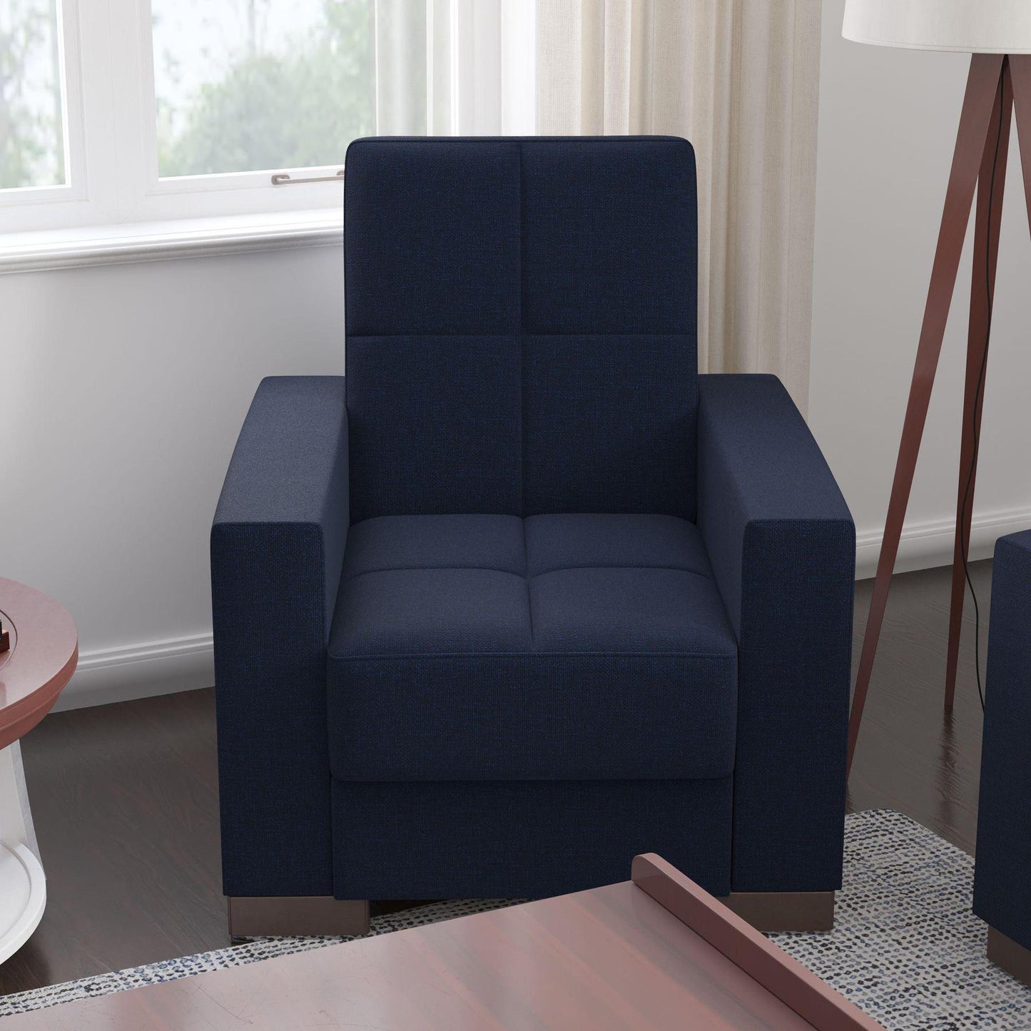 Modern design, Black Blue Denim , Chenille upholstered convertible Armchair with underseat storage from Voyage Track by Ottomanson in living room lifestyle setting by itself. This Armchair measures 38 inches width by 36 inches depth by 41 inches height.