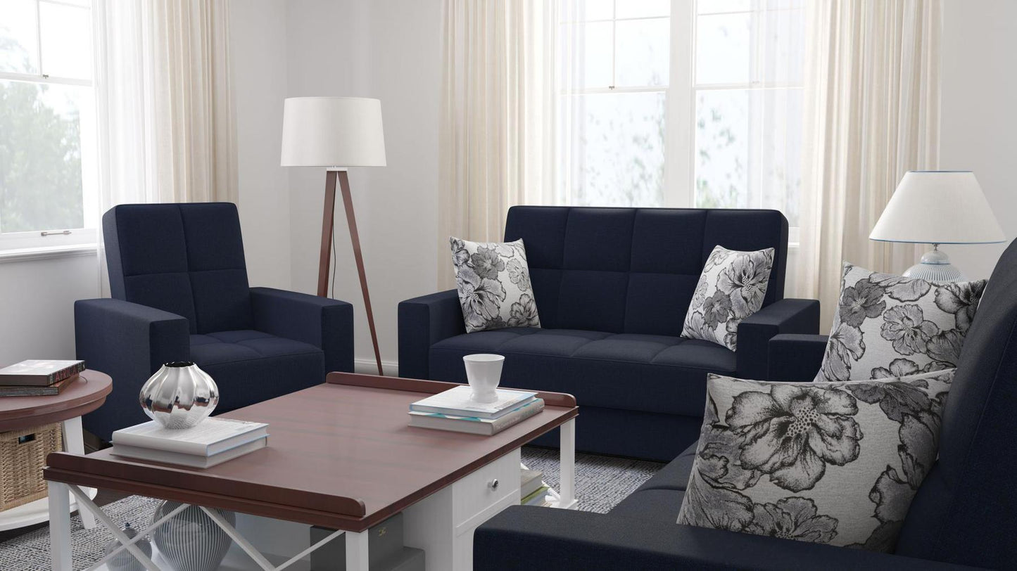 Modern design, Black Blue Denim , Chenille upholstered convertible Armchair with underseat storage from Voyage Track by Ottomanson in living room lifestyle setting with another piece of furniture. This Armchair measures 38 inches width by 36 inches depth by 41 inches height.
