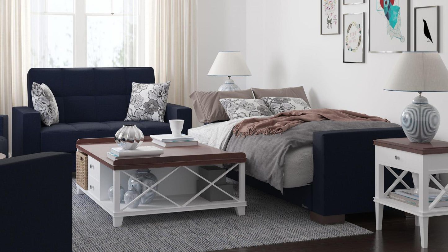 Modern design, Black Blue Denim , Chenille upholstered convertible sleeper Loveseat with underseat storage from Voyage Track by Ottomanson in living room lifestyle setting converted to sleeper. This Loveseat measures 67 inches width by 36 inches depth by 41 inches height.