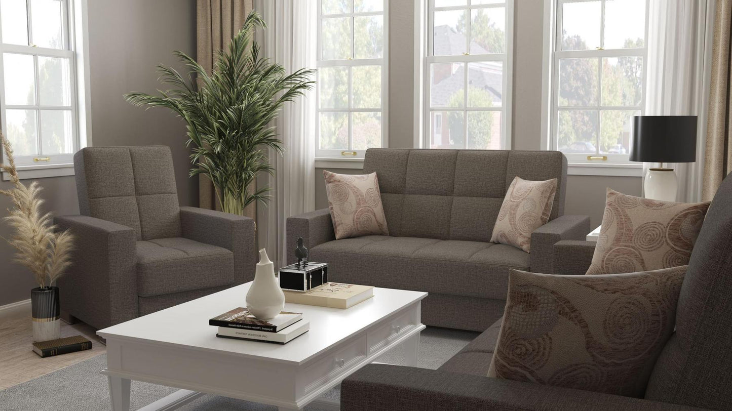 Modern design, Tannin Brown , Chenille upholstered convertible Armchair with underseat storage from Voyage Track by Ottomanson in living room lifestyle setting with another piece of furniture. This Armchair measures 38 inches width by 36 inches depth by 41 inches height.