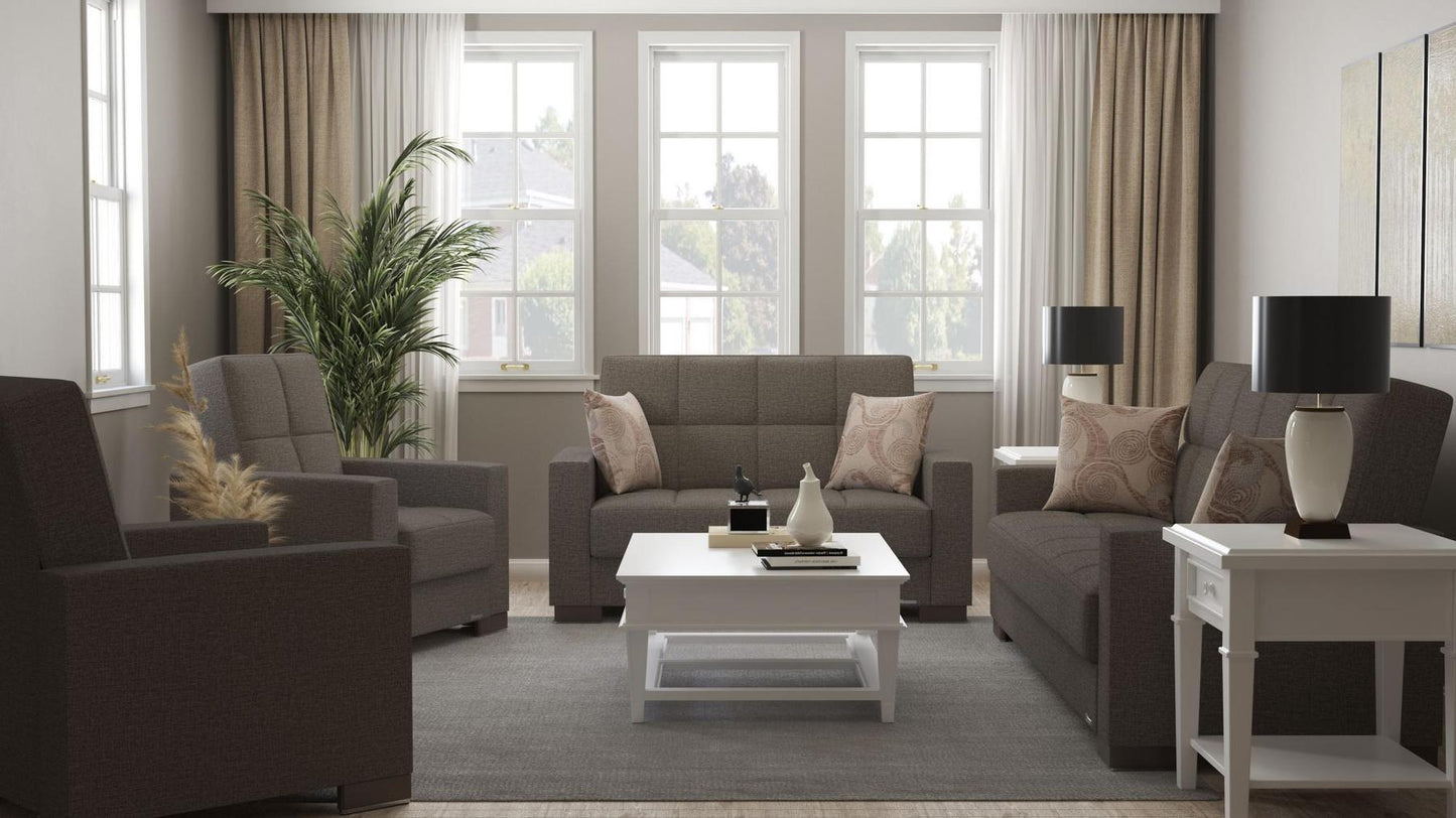 Modern design, Tannin Brown , Chenille upholstered convertible Armchair with underseat storage from Voyage Track by Ottomanson in living room lifestyle setting with the matching furniture set. This Armchair measures 38 inches width by 36 inches depth by 41 inches height.