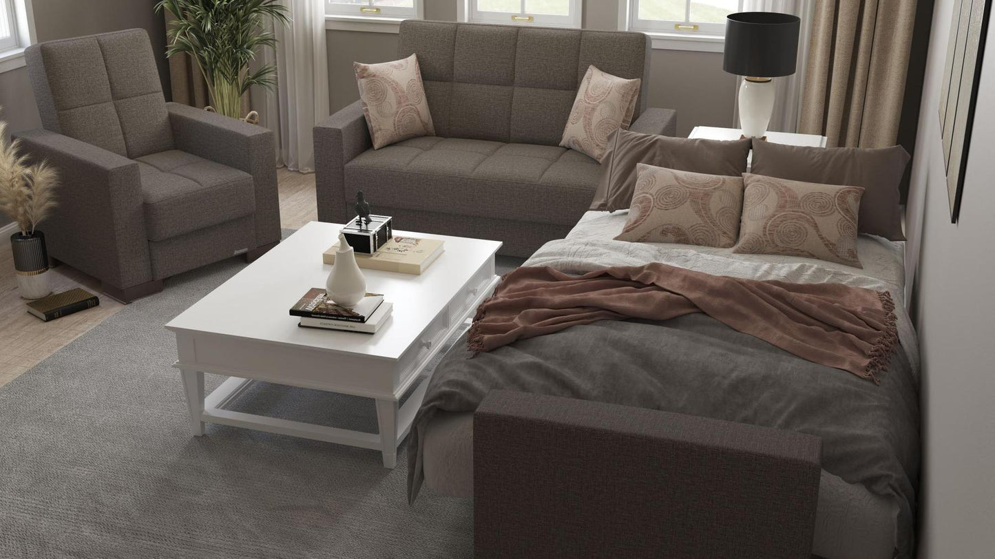 Modern design, Tannin Brown , Chenille upholstered convertible Armchair with underseat storage from Voyage Track by Ottomanson in living room lifestyle setting converted to sleeper. This Armchair measures 38 inches width by 36 inches depth by 41 inches height.