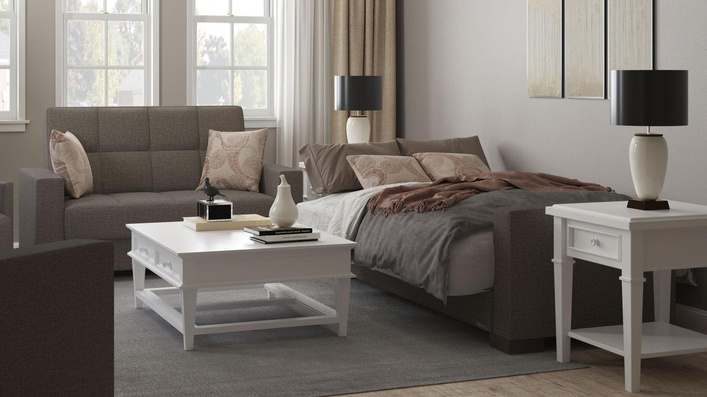 Modern design, Tannin Brown , Chenille upholstered convertible sleeper Loveseat with underseat storage from Voyage Track by Ottomanson in living room lifestyle setting converted to sleeper. This Loveseat measures 67 inches width by 36 inches depth by 41 inches height.