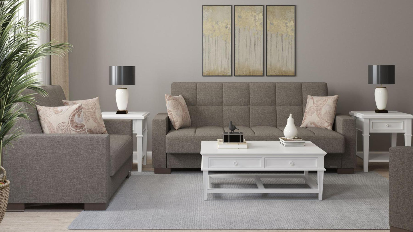 Modern design, Tannin Brown , Chenille upholstered convertible sleeper Sofabed with underseat storage from Voyage Track by Ottomanson in living room lifestyle setting with another piece of furniture. This Sofabed measures 90 inches width by 36 inches depth by 41 inches height.