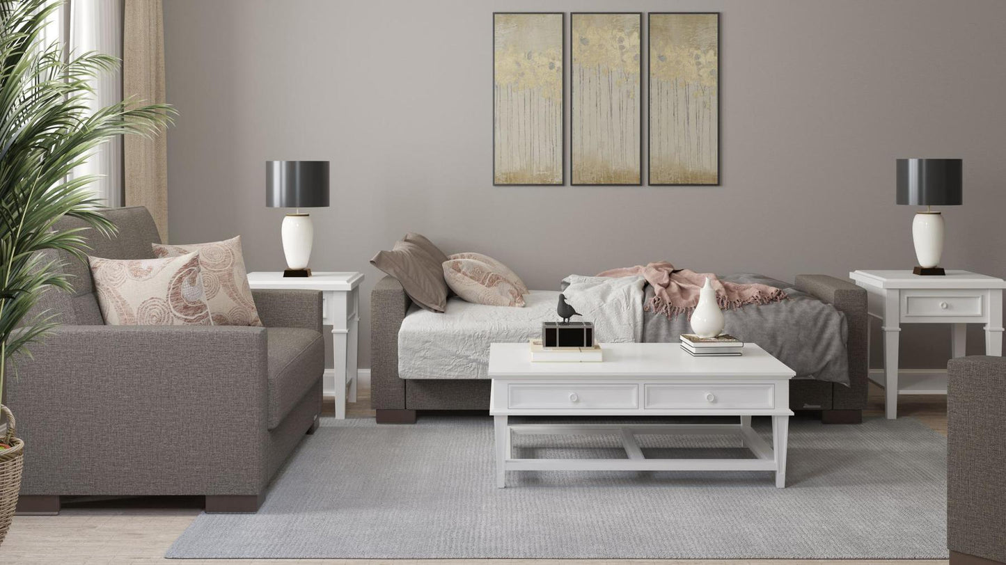 Modern design, Tannin Brown , Chenille upholstered convertible sleeper Sofabed with underseat storage from Voyage Track by Ottomanson in living room lifestyle setting converted to sleeper. This Sofabed measures 90 inches width by 36 inches depth by 41 inches height.