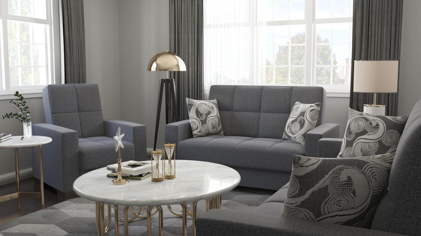 Modern design, Salt and Pepper Gray , Chenille upholstered convertible Armchair with underseat storage from Voyage Track by Ottomanson in living room lifestyle setting with another piece of furniture. This Armchair measures 38 inches width by 36 inches depth by 41 inches height.