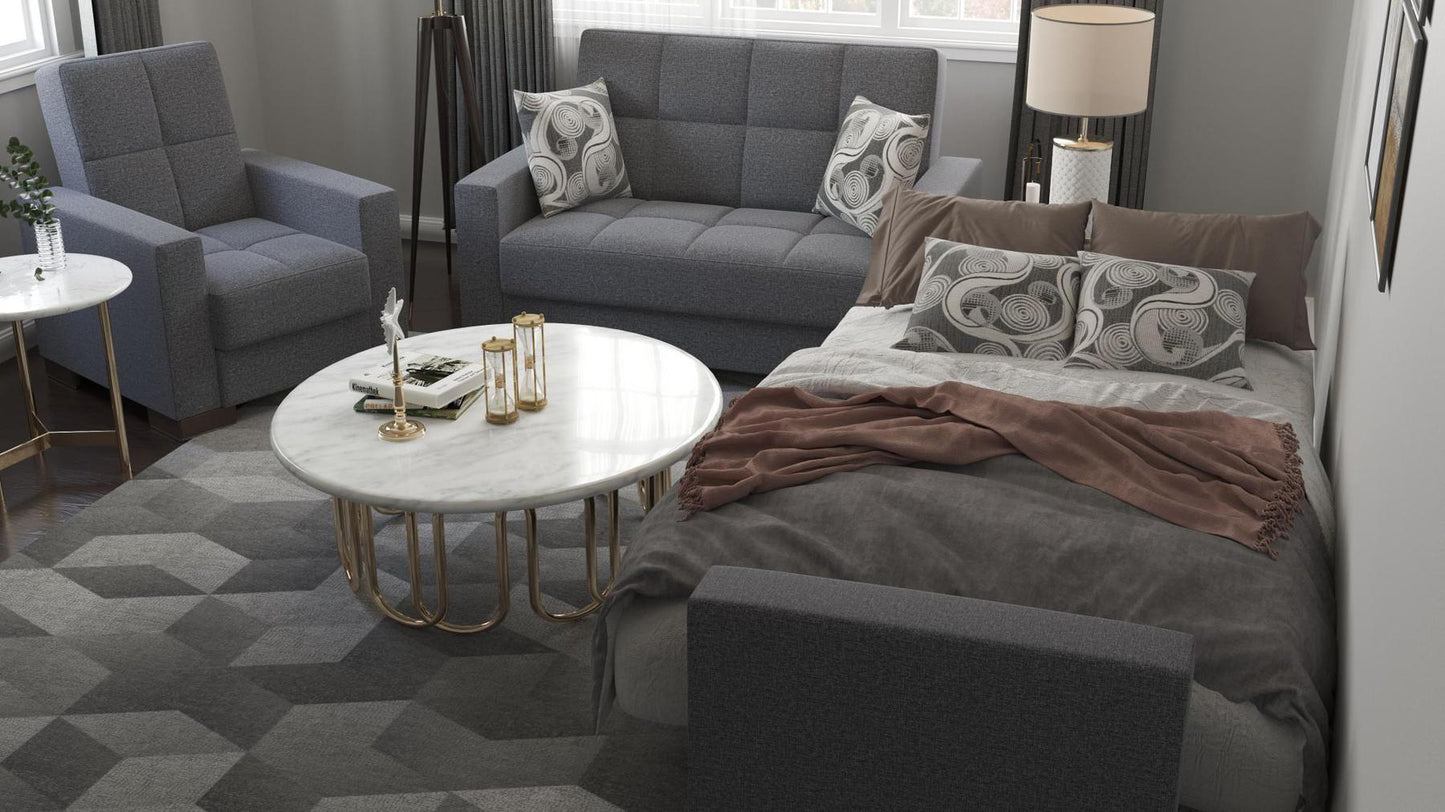 Modern design, Salt and Pepper Gray , Chenille upholstered convertible Armchair with underseat storage from Voyage Track by Ottomanson in living room lifestyle setting converted to sleeper. This Armchair measures 38 inches width by 36 inches depth by 41 inches height.