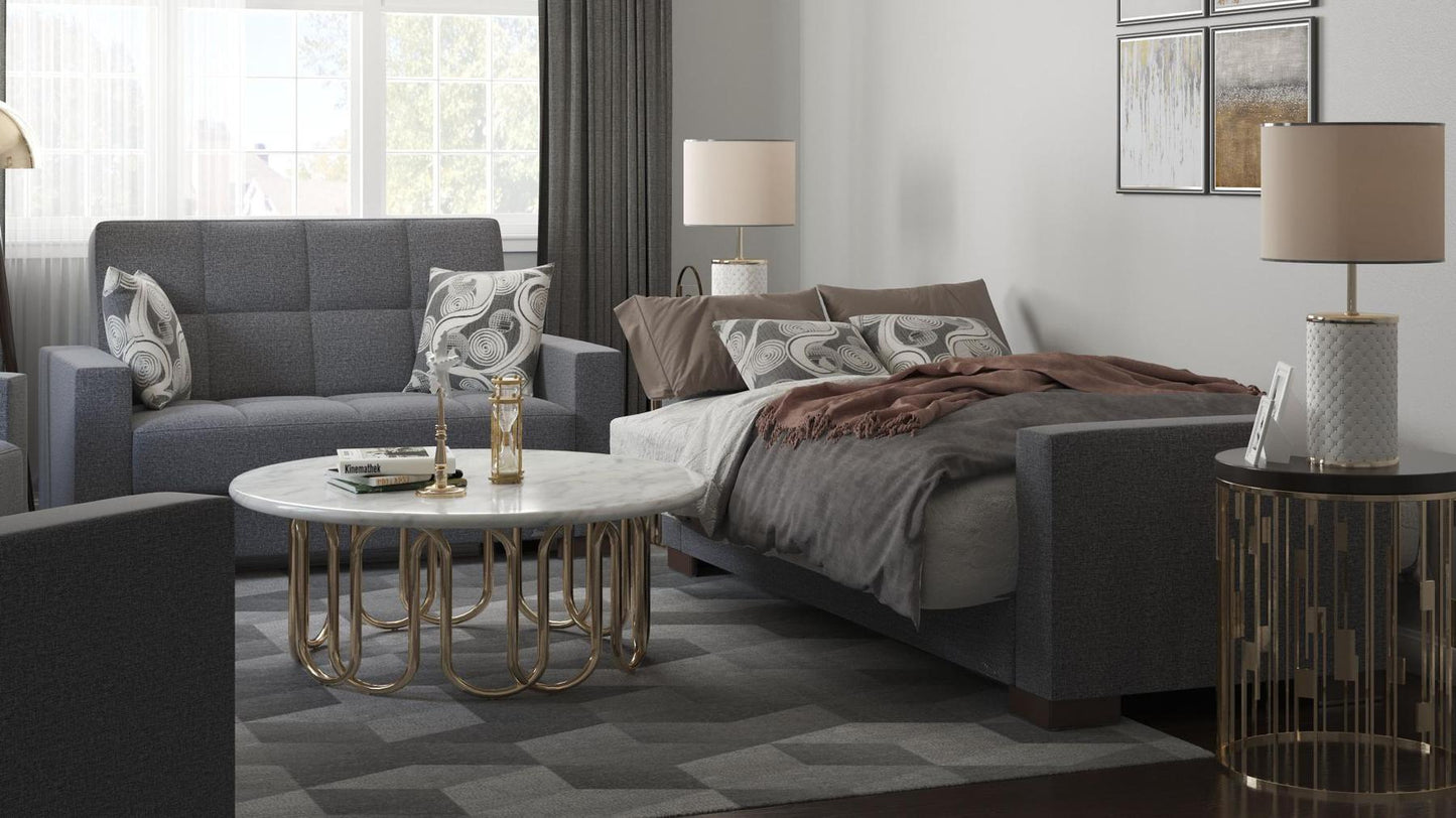 Modern design, Salt and Pepper Gray , Chenille upholstered convertible sleeper Loveseat with underseat storage from Voyage Track by Ottomanson in living room lifestyle setting converted to sleeper. This Loveseat measures 67 inches width by 36 inches depth by 41 inches height.