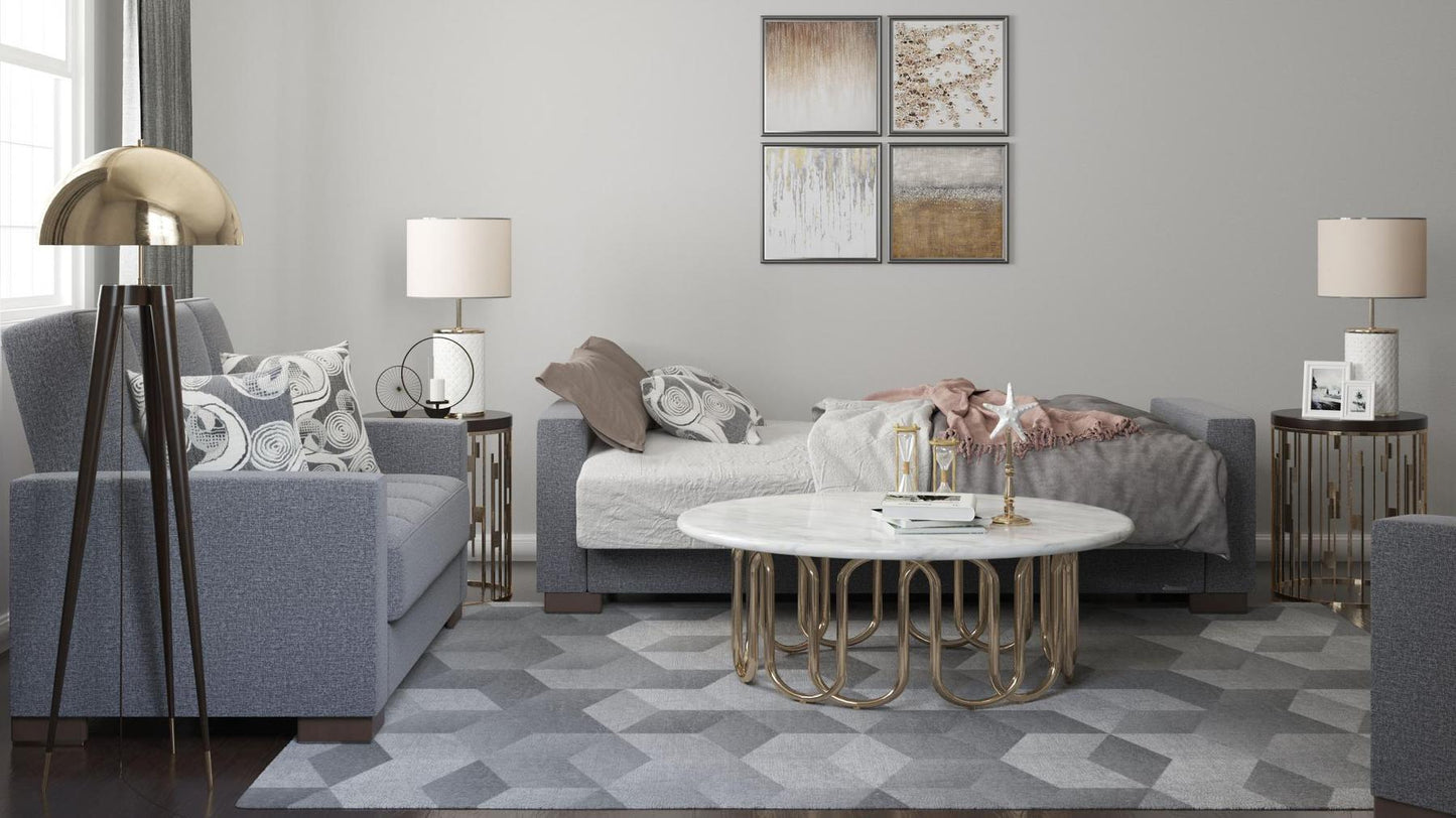 Modern design, Salt and Pepper Gray , Chenille upholstered convertible sleeper Sofabed with underseat storage from Voyage Track by Ottomanson in living room lifestyle setting converted to sleeper. This Sofabed measures 90 inches width by 36 inches depth by 41 inches height.