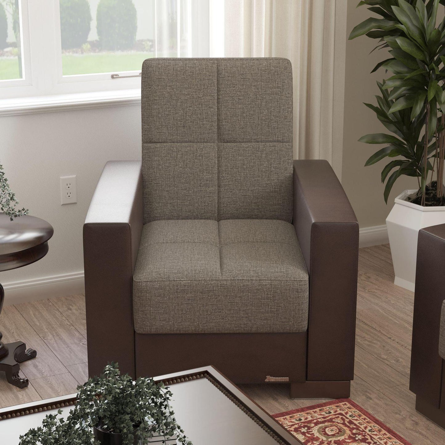 Modern design, Tannin Brown, Dark Brown , Chenille, Artificial Leather upholstered convertible Armchair with underseat storage from Voyage Track by Ottomanson in living room lifestyle setting by itself. This Armchair measures 38 inches width by 36 inches depth by 41 inches height.
