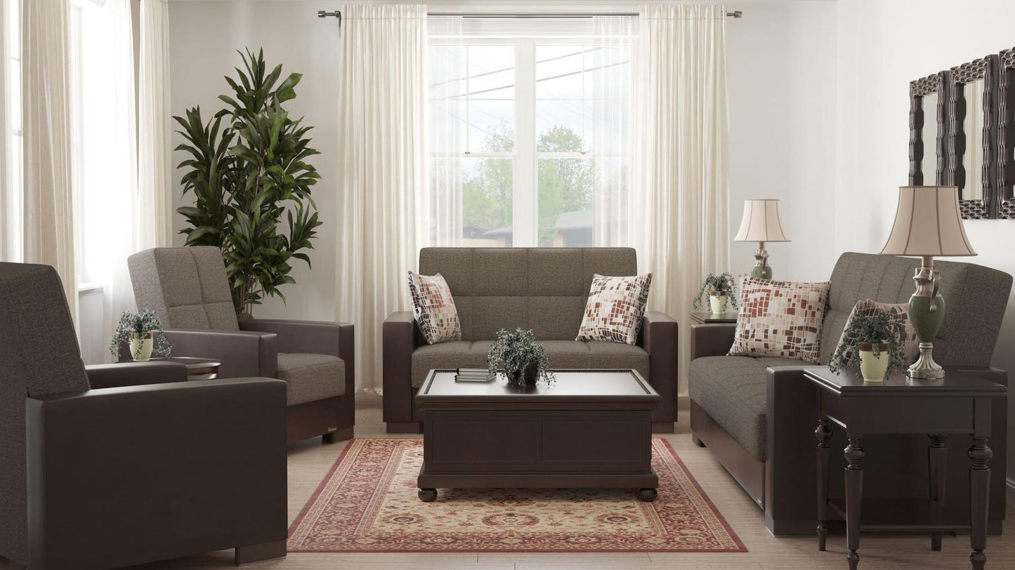 Modern design, Tannin Brown, Dark Brown , Chenille, Artificial Leather upholstered convertible sleeper Loveseat with underseat storage from Voyage Track by Ottomanson in living room lifestyle setting with the matching furniture set. This Loveseat measures 67 inches width by 36 inches depth by 41 inches height.