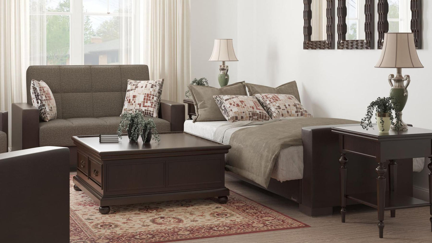 Modern design, Tannin Brown, Dark Brown , Chenille, Artificial Leather upholstered convertible sleeper Loveseat with underseat storage from Voyage Track by Ottomanson in living room lifestyle setting converted to sleeper. This Loveseat measures 67 inches width by 36 inches depth by 41 inches height.