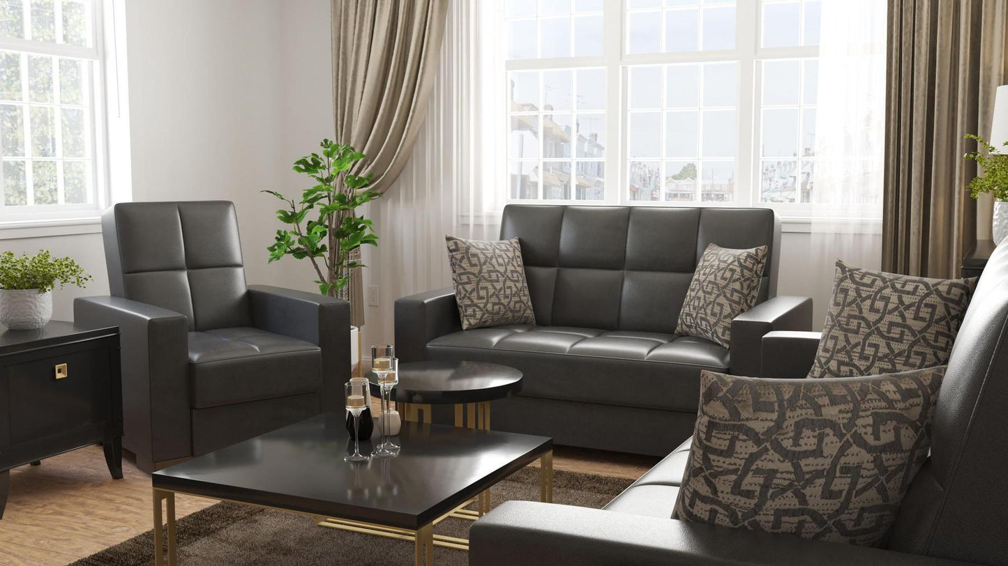 Modern design, Black , Artificial Leather upholstered convertible Armchair with underseat storage from Voyage Track by Ottomanson in living room lifestyle setting with another piece of furniture. This Armchair measures 38 inches width by 36 inches depth by 41 inches height.