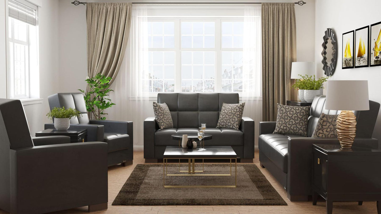Modern design, Black , Artificial Leather upholstered convertible sleeper Loveseat with underseat storage from Voyage Track by Ottomanson in living room lifestyle setting with the matching furniture set. This Loveseat measures 67 inches width by 36 inches depth by 41 inches height.