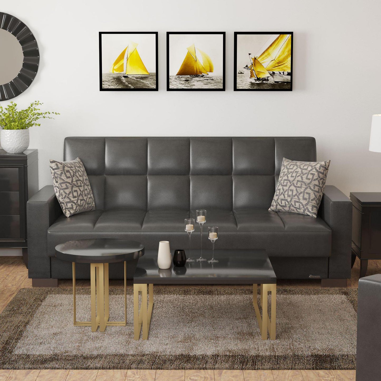 Modern design, Black , Artificial Leather upholstered convertible sleeper Sofabed with underseat storage from Voyage Track by Ottomanson in living room lifestyle setting by itself. This Sofabed measures 90 inches width by 36 inches depth by 41 inches height.
