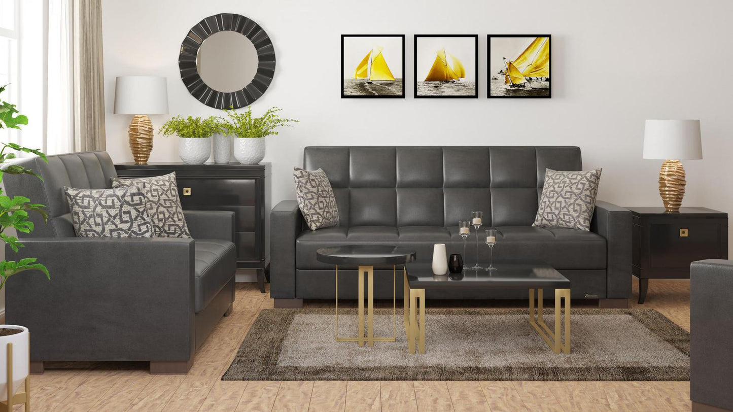 Modern design, Black , Artificial Leather upholstered convertible sleeper Sofabed with underseat storage from Voyage Track by Ottomanson in living room lifestyle setting with another piece of furniture. This Sofabed measures 90 inches width by 36 inches depth by 41 inches height.