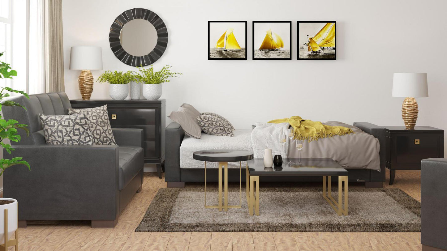 Modern design, Black , Artificial Leather upholstered convertible sleeper Sofabed with underseat storage from Voyage Track by Ottomanson in living room lifestyle setting converted to sleeper. This Sofabed measures 90 inches width by 36 inches depth by 41 inches height.