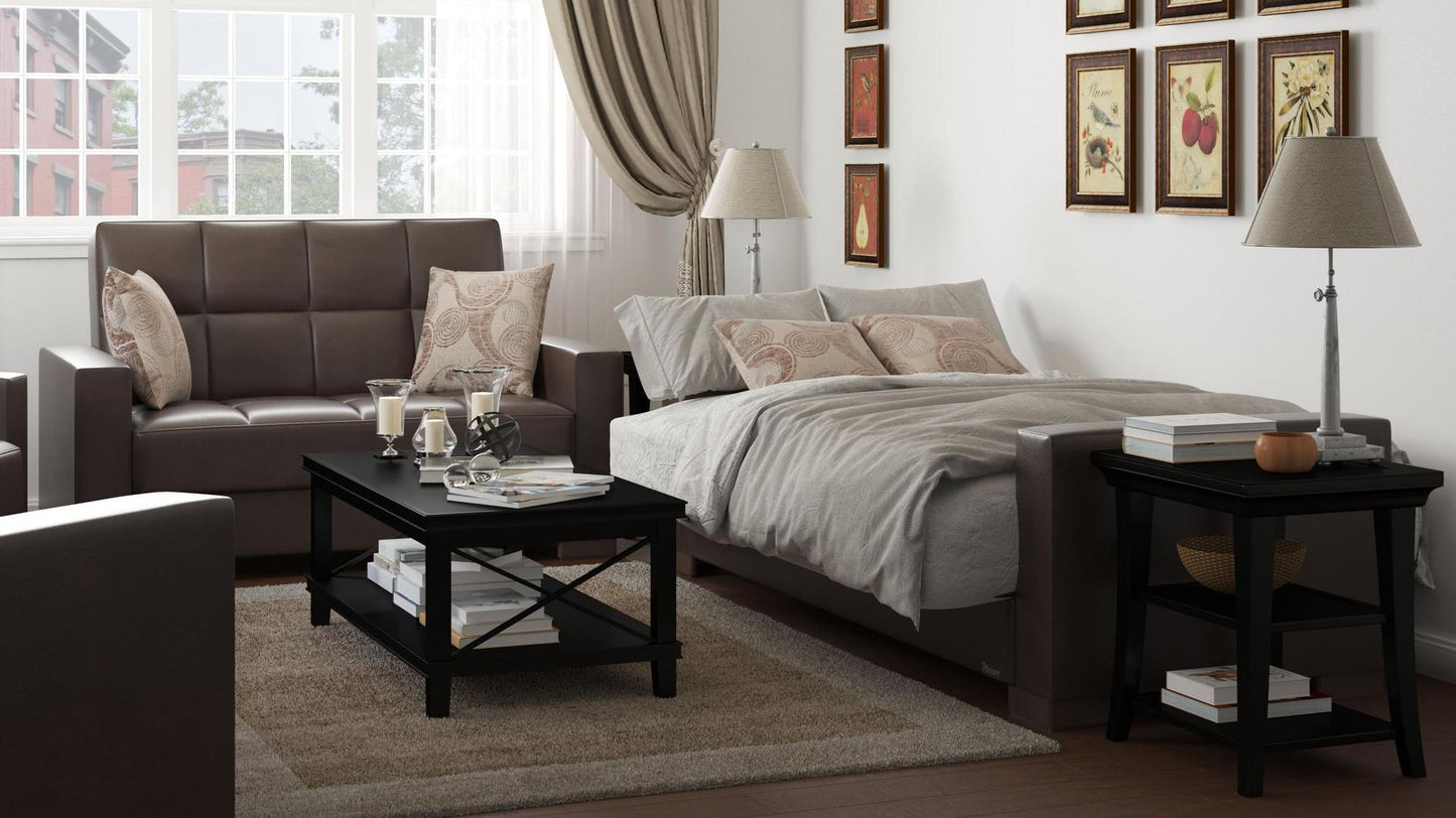 Modern design, Dark Brown , Artificial Leather upholstered convertible sleeper Loveseat with underseat storage from Voyage Track by Ottomanson in living room lifestyle setting converted to sleeper. This Loveseat measures 67 inches width by 36 inches depth by 41 inches height.