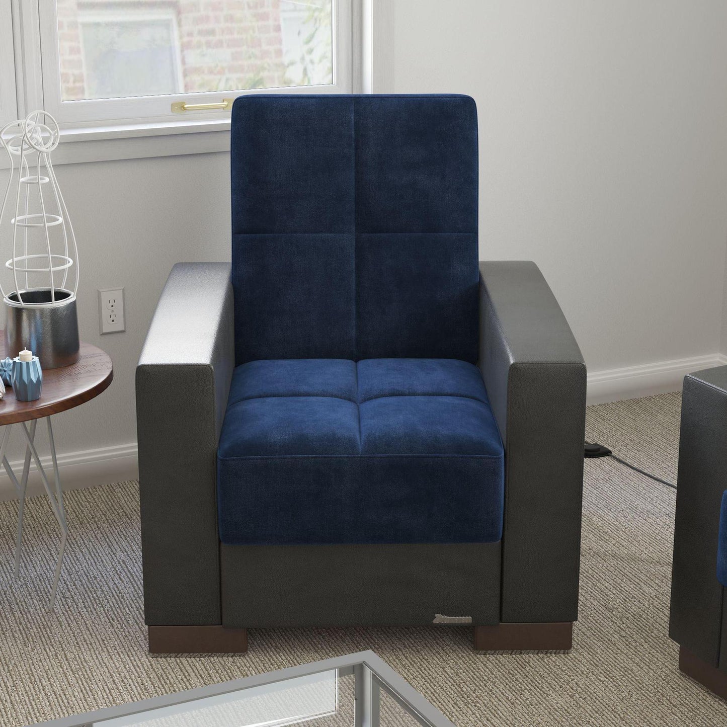 Modern design, Snorkel Blue, Black , Microfiber, Artificial Leather upholstered convertible Armchair with underseat storage from Voyage Track by Ottomanson in living room lifestyle setting by itself. This Armchair measures 38 inches width by 36 inches depth by 41 inches height.