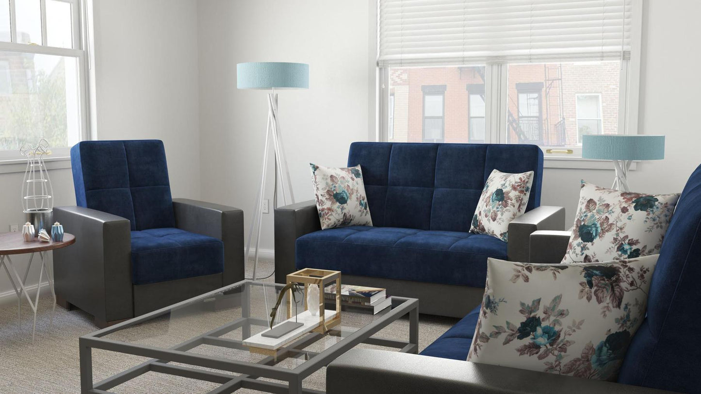 Modern design, Snorkel Blue, Black , Microfiber, Artificial Leather upholstered convertible Armchair with underseat storage from Voyage Track by Ottomanson in living room lifestyle setting with another piece of furniture. This Armchair measures 38 inches width by 36 inches depth by 41 inches height.