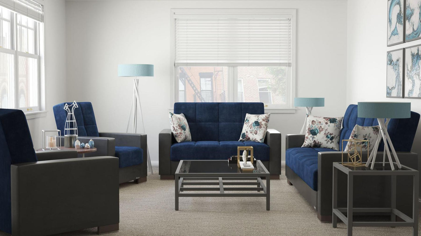 Modern design, Snorkel Blue, Black , Microfiber, Artificial Leather upholstered convertible sleeper Loveseat with underseat storage from Voyage Track by Ottomanson in living room lifestyle setting with the matching furniture set. This Loveseat measures 67 inches width by 36 inches depth by 41 inches height.