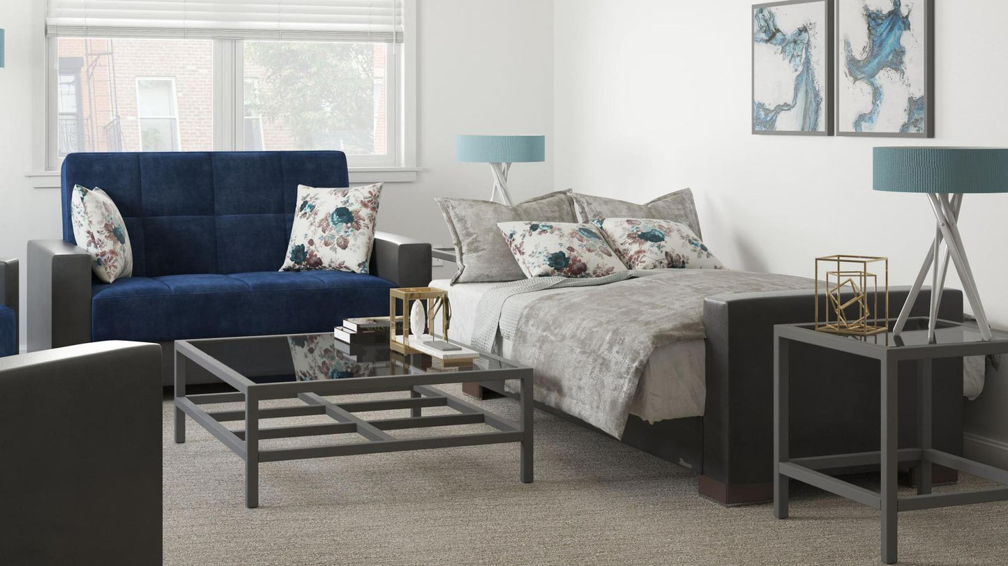 Modern design, Snorkel Blue, Black , Microfiber, Artificial Leather upholstered convertible sleeper Loveseat with underseat storage from Voyage Track by Ottomanson in living room lifestyle setting converted to sleeper. This Loveseat measures 67 inches width by 36 inches depth by 41 inches height.