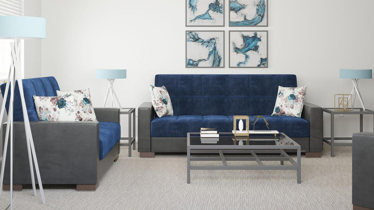 Modern design, Snorkel Blue, Black , Microfiber, Artificial Leather upholstered convertible sleeper Sofabed with underseat storage from Voyage Track by Ottomanson in living room lifestyle setting with another piece of furniture. This Sofabed measures 90 inches width by 36 inches depth by 41 inches height.