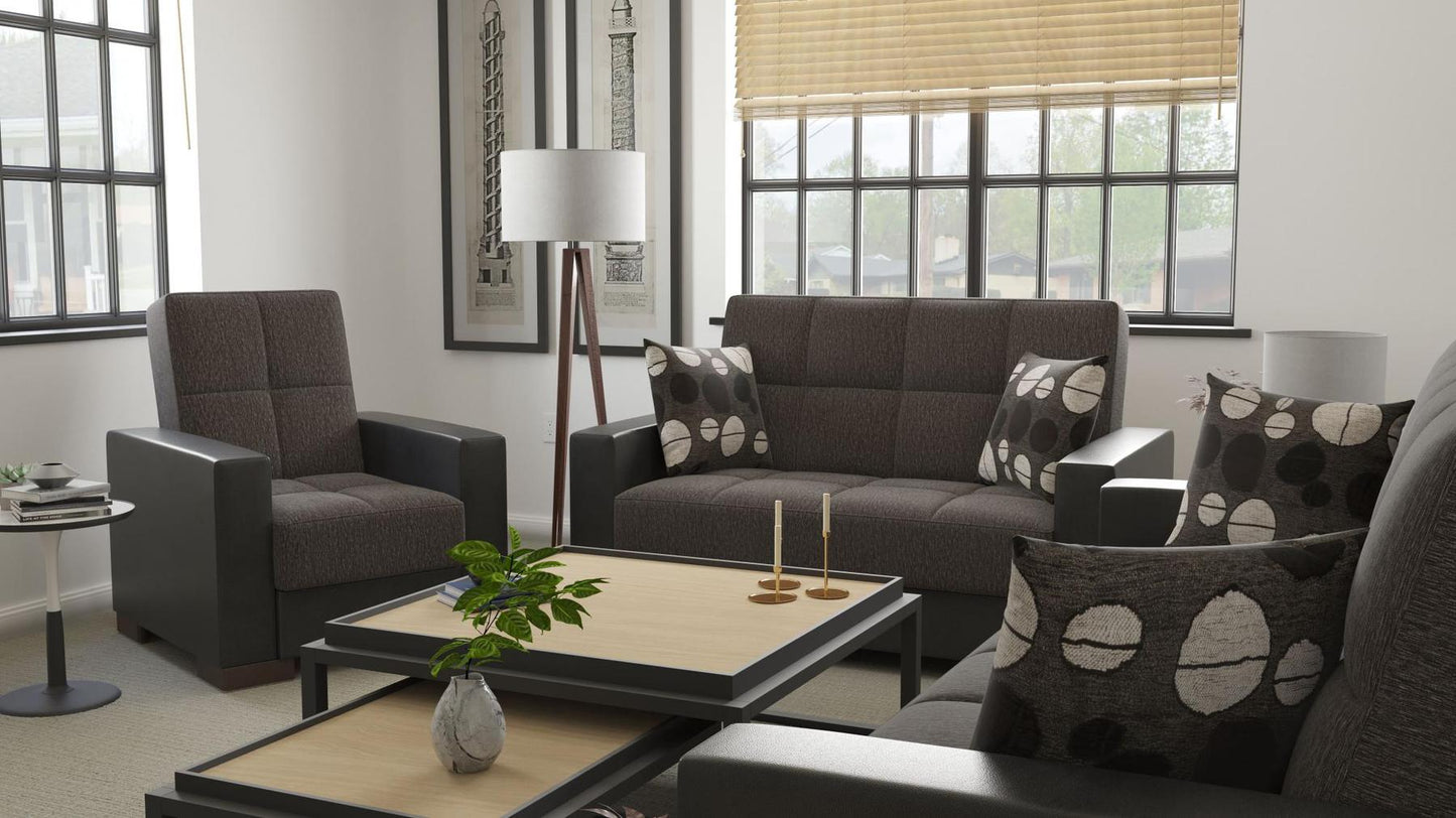 Modern design, Dark Slate Gray, Black , Chenille, Artificial Leather upholstered convertible Armchair with underseat storage from Voyage Track by Ottomanson in living room lifestyle setting with another piece of furniture. This Armchair measures 38 inches width by 36 inches depth by 41 inches height.