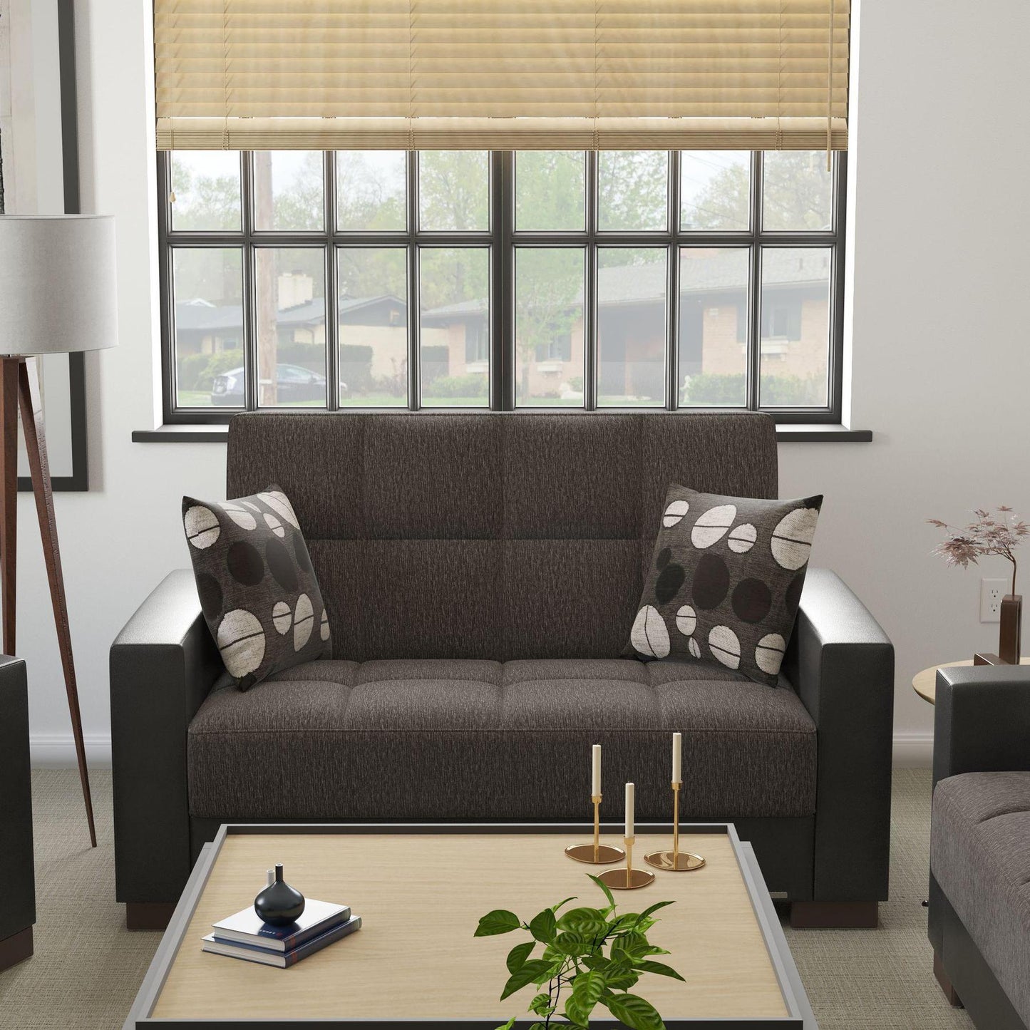 Modern design, Dark Slate Gray, Black , Chenille, Artificial Leather upholstered convertible sleeper Loveseat with underseat storage from Voyage Track by Ottomanson in living room lifestyle setting by itself. This Loveseat measures 67 inches width by 36 inches depth by 41 inches height.