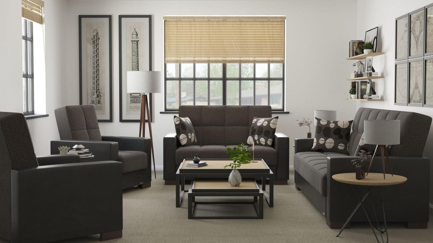 Modern design, Dark Slate Gray, Black , Chenille, Artificial Leather upholstered convertible sleeper Loveseat with underseat storage from Voyage Track by Ottomanson in living room lifestyle setting with the matching furniture set. This Loveseat measures 67 inches width by 36 inches depth by 41 inches height.