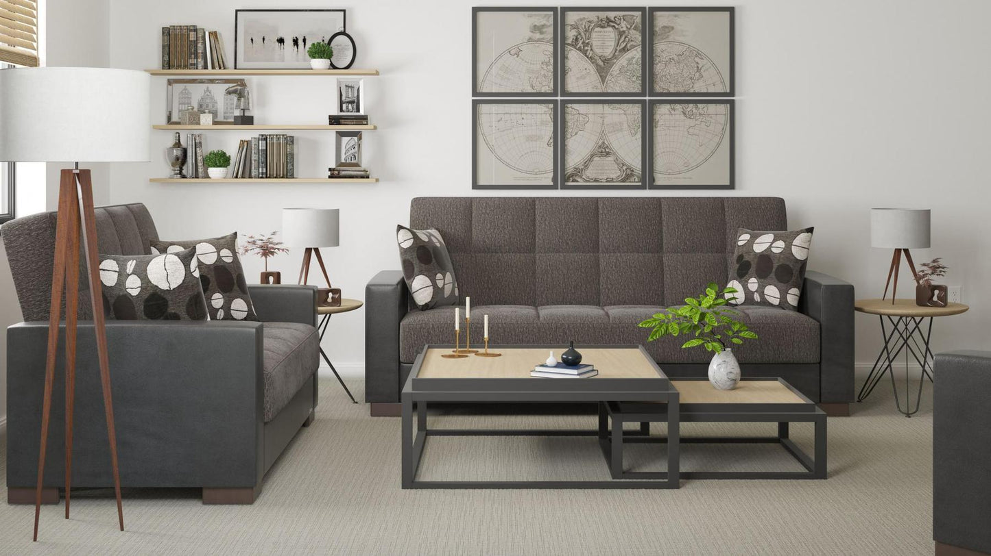 Modern design, Dark Slate Gray, Black , Chenille, Artificial Leather upholstered convertible sleeper Sofabed with underseat storage from Voyage Track by Ottomanson in living room lifestyle setting with another piece of furniture. This Sofabed measures 90 inches width by 36 inches depth by 41 inches height.
