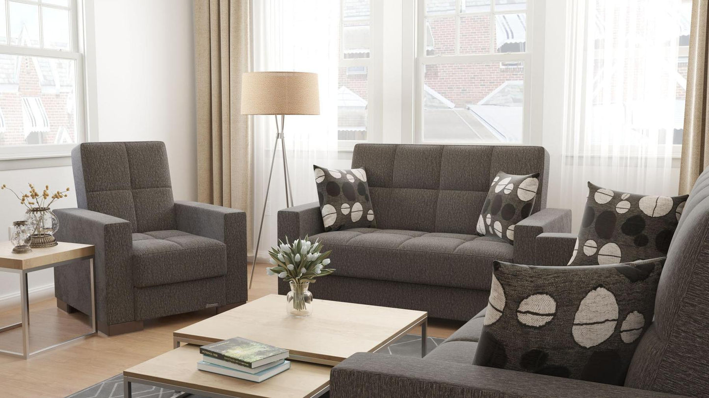 Modern design, Dark Slate Gray , Chenille upholstered convertible Armchair with underseat storage from Voyage Track by Ottomanson in living room lifestyle setting with another piece of furniture. This Armchair measures 38 inches width by 36 inches depth by 41 inches height.