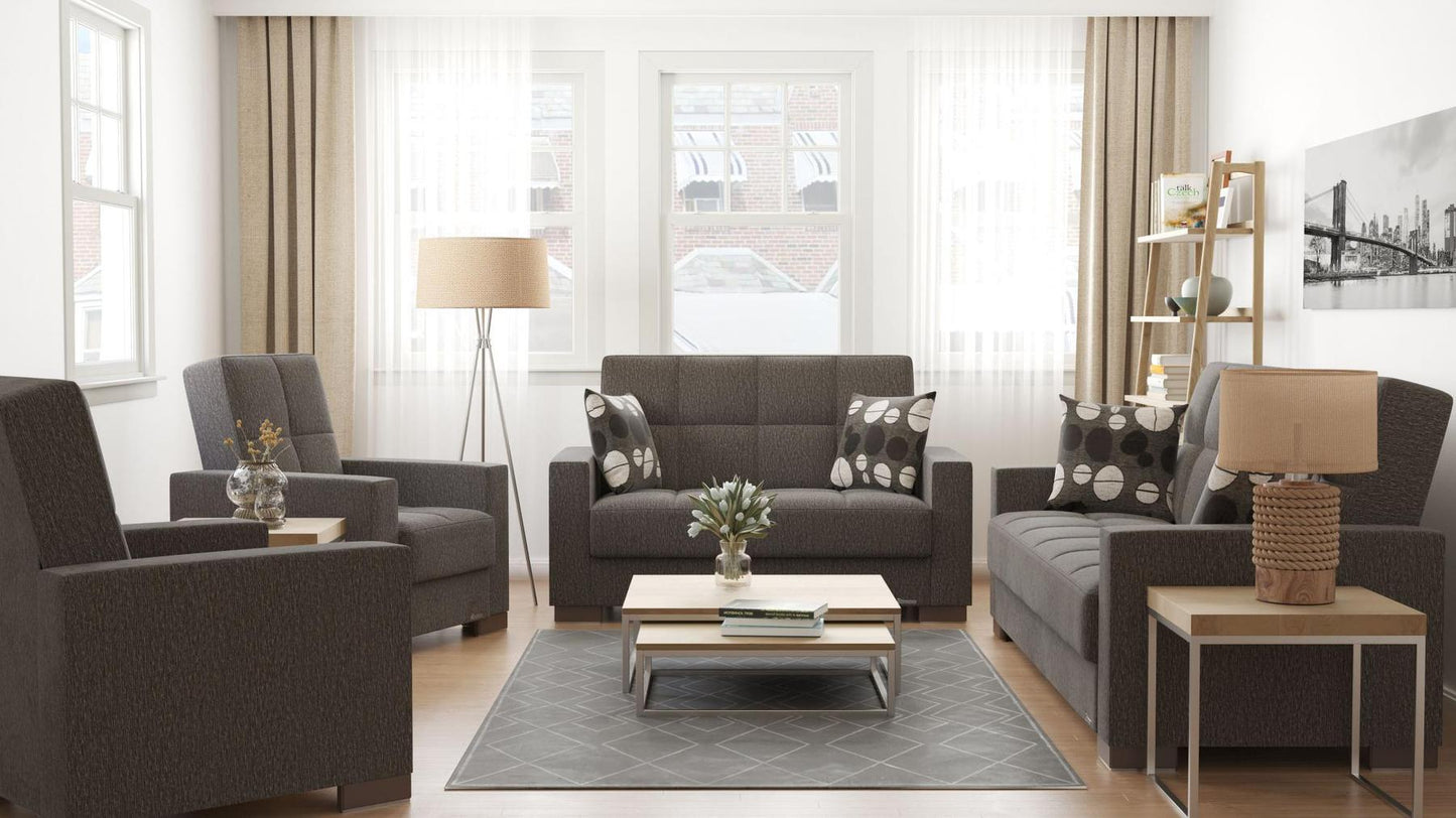 Modern design, Dark Slate Gray , Chenille upholstered convertible sleeper Loveseat with underseat storage from Voyage Track by Ottomanson in living room lifestyle setting with the matching furniture set. This Loveseat measures 67 inches width by 36 inches depth by 41 inches height.