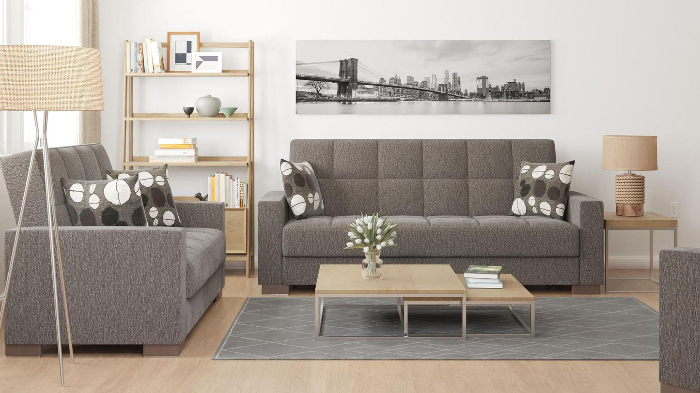 Modern design, Dark Slate Gray , Chenille upholstered convertible sleeper Sofabed with underseat storage from Voyage Track by Ottomanson in living room lifestyle setting with another piece of furniture. This Sofabed measures 90 inches width by 36 inches depth by 41 inches height.