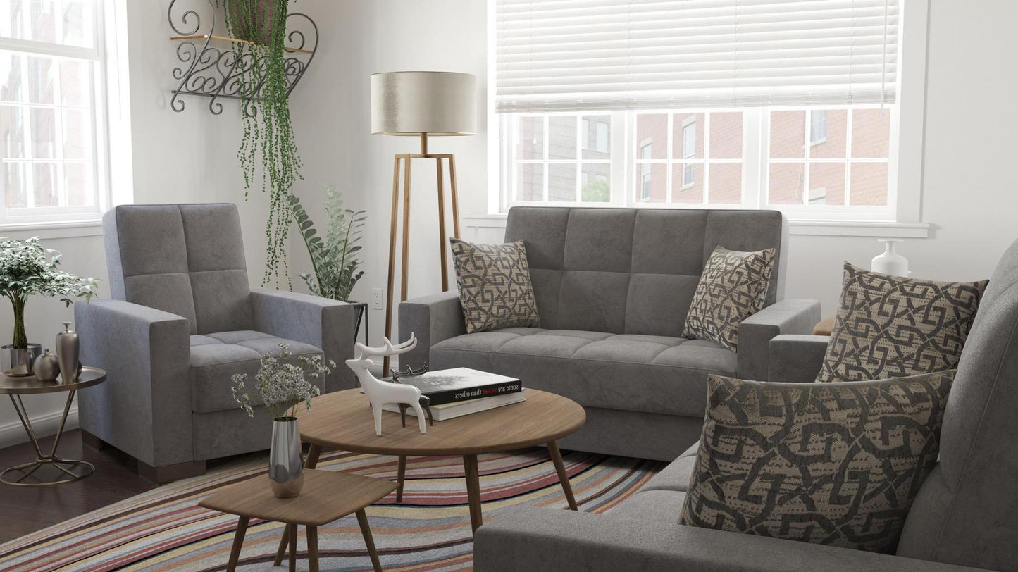 Modern design, Pewter Gray , Microfiber upholstered convertible Armchair with underseat storage from Voyage Track by Ottomanson in living room lifestyle setting with another piece of furniture. This Armchair measures 38 inches width by 36 inches depth by 41 inches height.