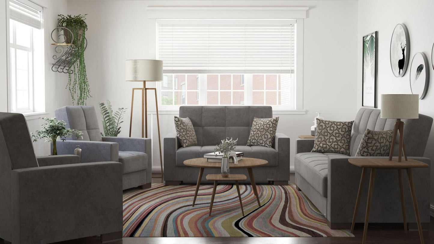 Modern design, Pewter Gray , Microfiber upholstered convertible Armchair with underseat storage from Voyage Track by Ottomanson in living room lifestyle setting with the matching furniture set. This Armchair measures 38 inches width by 36 inches depth by 41 inches height.