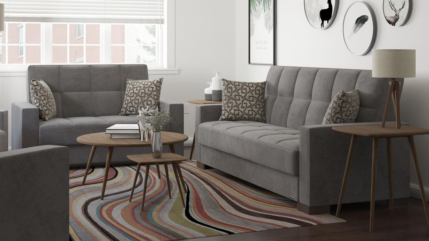 Modern design, Pewter Gray , Microfiber upholstered convertible sleeper Loveseat with underseat storage from Voyage Track by Ottomanson in living room lifestyle setting with another piece of furniture. This Loveseat measures 67 inches width by 36 inches depth by 41 inches height.