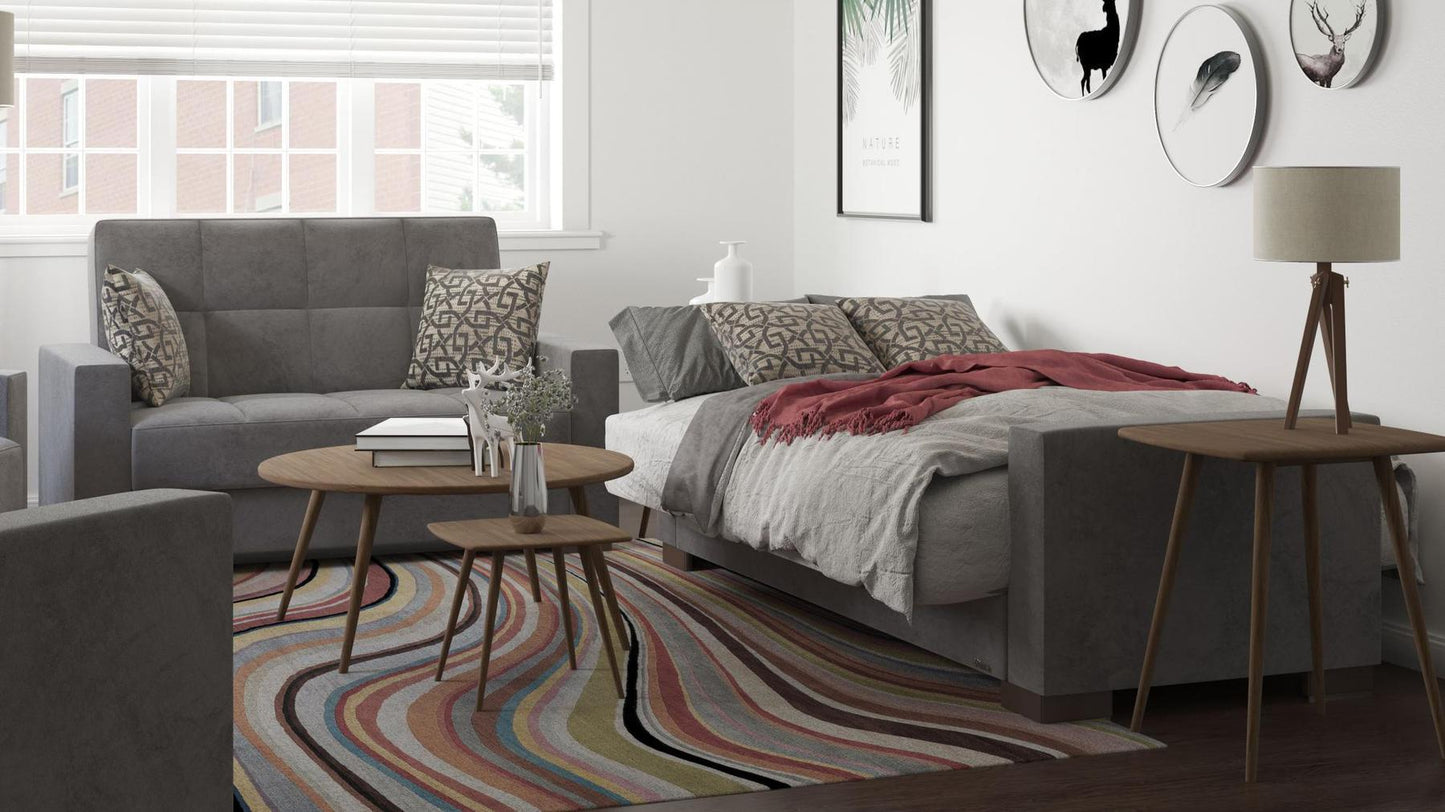 Modern design, Pewter Gray , Microfiber upholstered convertible sleeper Loveseat with underseat storage from Voyage Track by Ottomanson in living room lifestyle setting converted to sleeper. This Loveseat measures 67 inches width by 36 inches depth by 41 inches height.