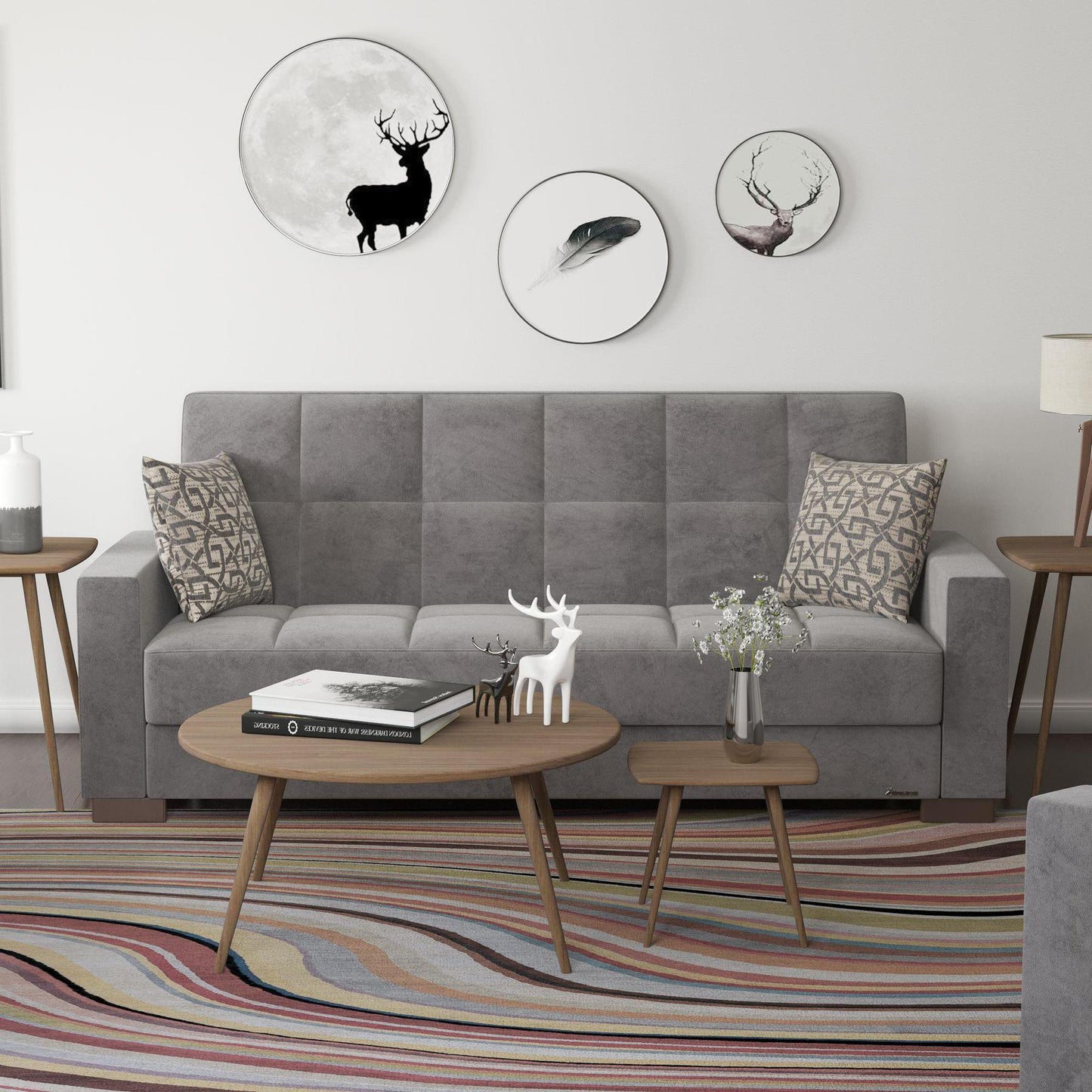 Modern design, Pewter Gray , Microfiber upholstered convertible sleeper Sofabed with underseat storage from Voyage Track by Ottomanson in living room lifestyle setting by itself. This Sofabed measures 90 inches width by 36 inches depth by 41 inches height.