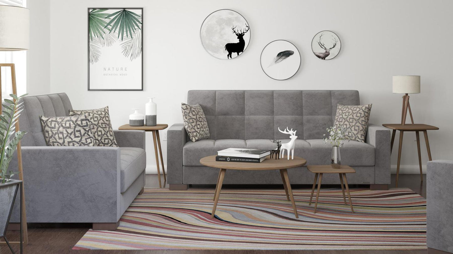 Modern design, Pewter Gray , Microfiber upholstered convertible sleeper Sofabed with underseat storage from Voyage Track by Ottomanson in living room lifestyle setting with another piece of furniture. This Sofabed measures 90 inches width by 36 inches depth by 41 inches height.