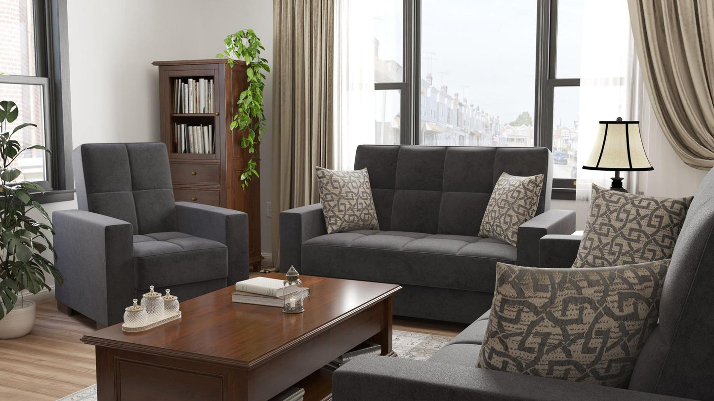 Modern design, Black , Microfiber upholstered convertible Armchair with underseat storage from Voyage Track by Ottomanson in living room lifestyle setting with another piece of furniture. This Armchair measures 38 inches width by 36 inches depth by 41 inches height.