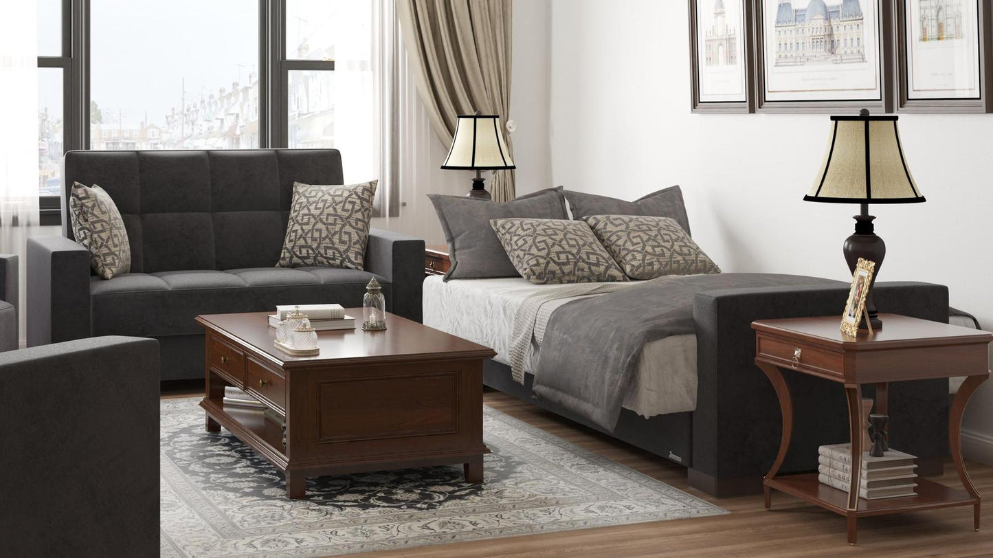 Modern design, Black , Microfiber upholstered convertible sleeper Loveseat with underseat storage from Voyage Track by Ottomanson in living room lifestyle setting converted to sleeper. This Loveseat measures 67 inches width by 36 inches depth by 41 inches height.